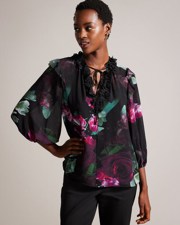 FAIZIAA-Tops-Romance meets effortless glamour in FAIZIAA. Half-length blouson sleeves create a relaxed and feminine look that's perfect for sunny days, while the flower appliqués bring an extra dose of femininity. V-neck top Neck tie Trailing floral print Half length blouson sleeves Cami lining with adjustable straps Flower appliqués- Ted Baker Romania